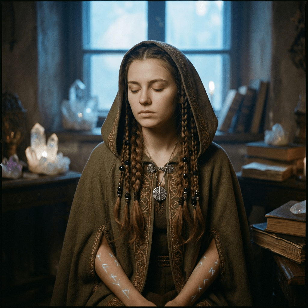 Woman with glowing arm runes meditating in a mystical room filled with crystals and books.
