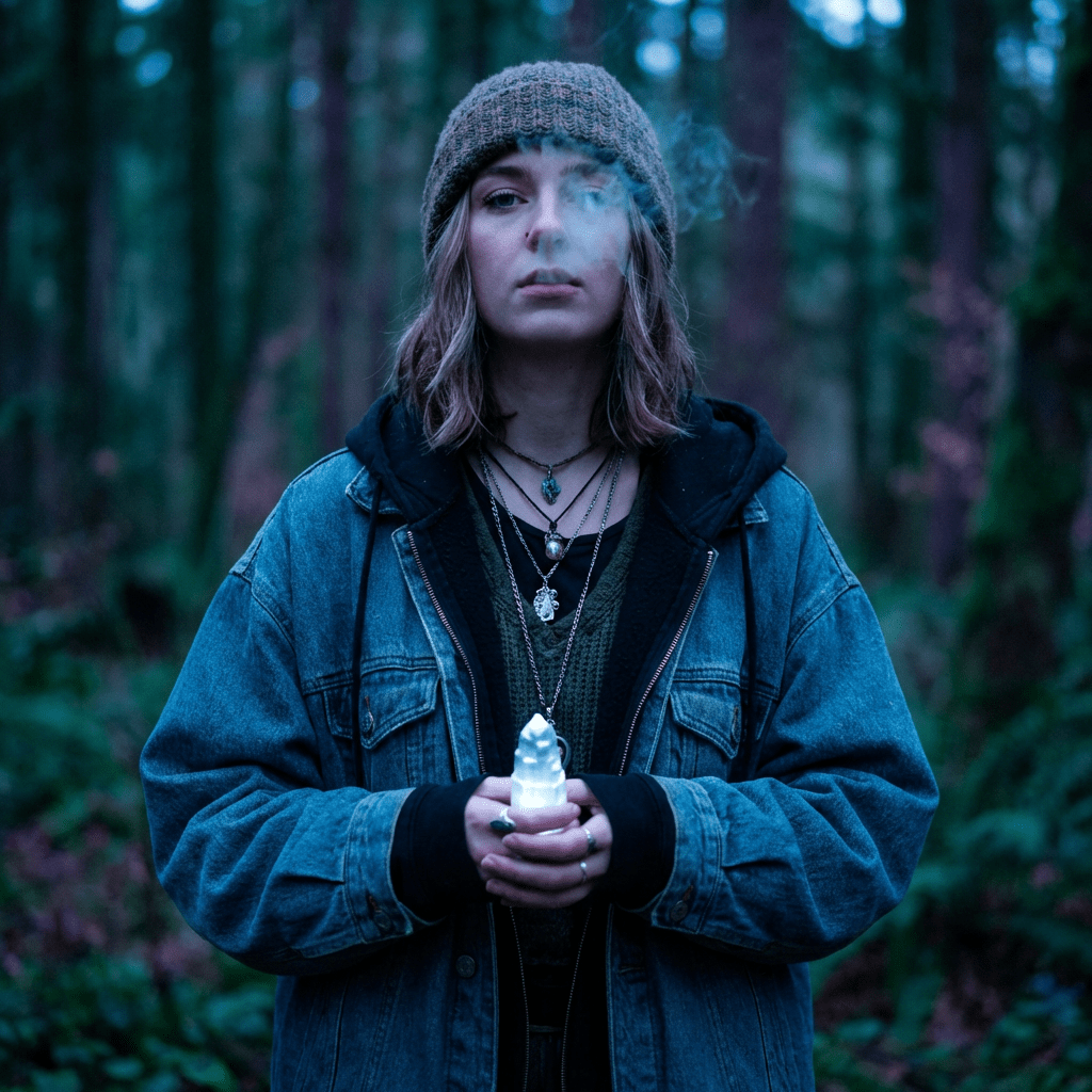 Person in a forest holding a glowing crystal while exhaling smoke or mist.