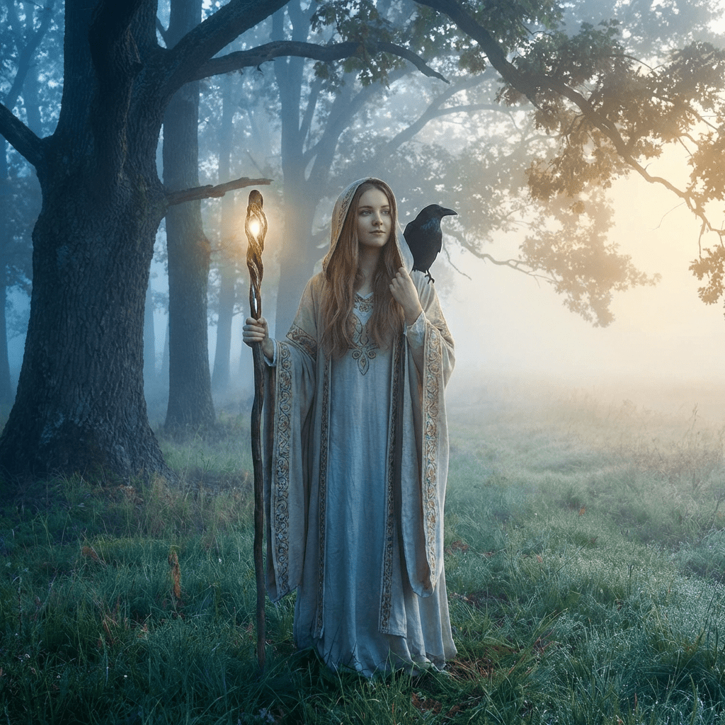Hooded woman holding a glowing staff with a raven in a foggy, ancient forest.