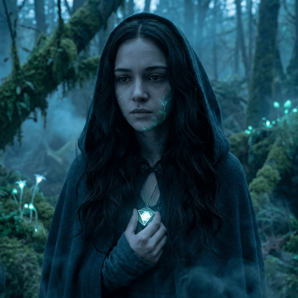 Woman in a cloak with glowing markings holding a luminous pendant in a misty forest.