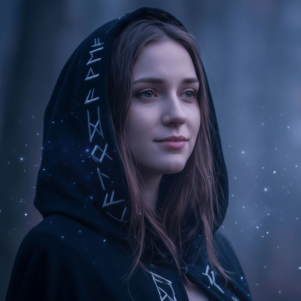 A woman in a black hooded runic cloak standing in a misty forest with glowing particles.