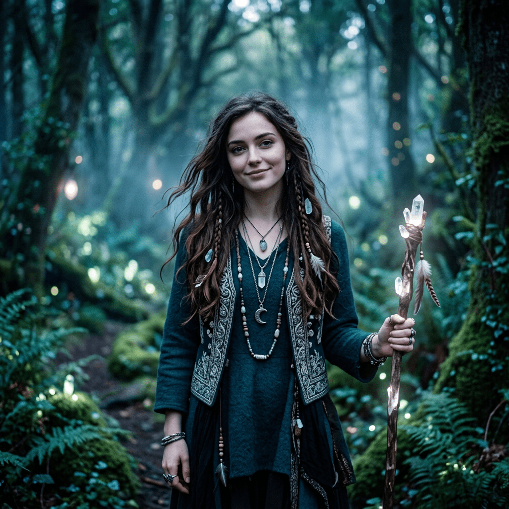 Young woman with braided hair holding glowing crystal staff in forest