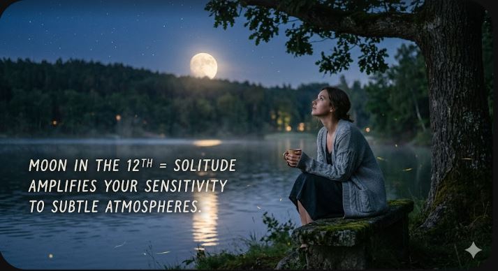 Moon in the 12th = Solitude amplifies your sensitivity to subtle atmospheres.