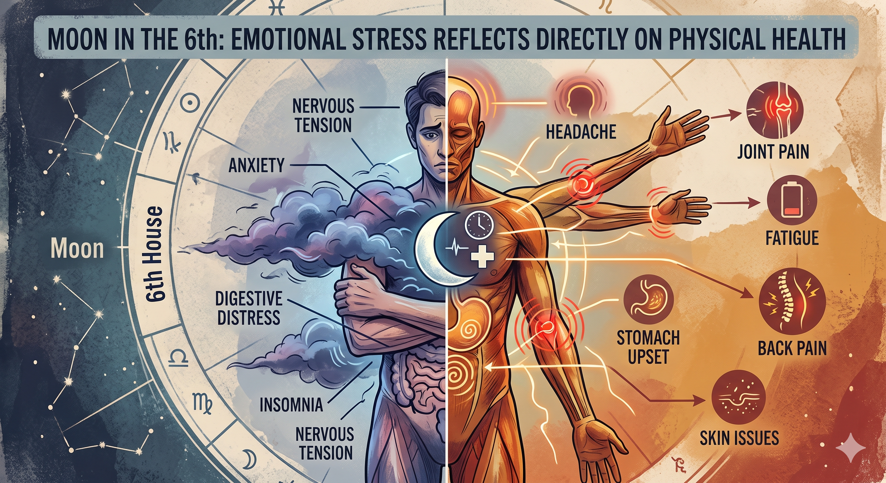 Moon in the 6th = Emotional stress reflects directly on physical health.