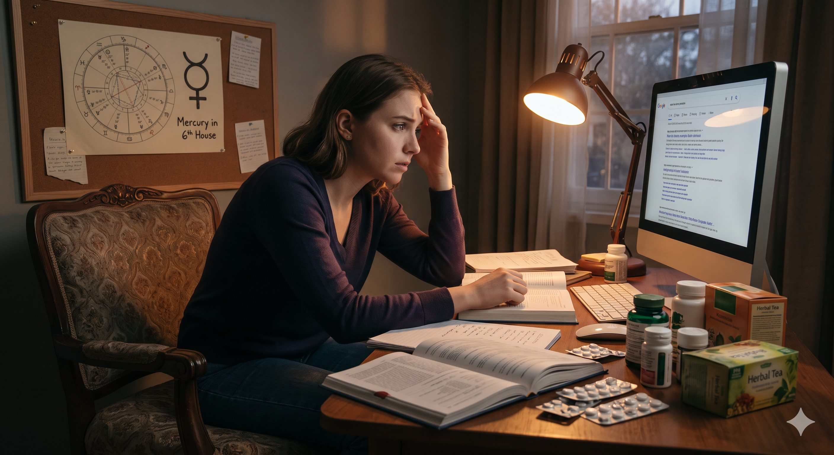 Mercury in the 6th = Anxiety and overthinking manifest as health concerns.