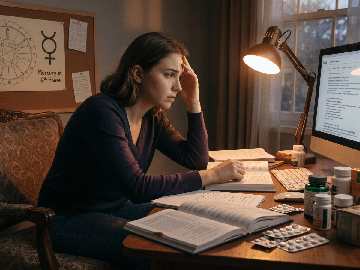 Mercury in the 6th = Anxiety and overthinking manifest as health&nbsp;concerns.