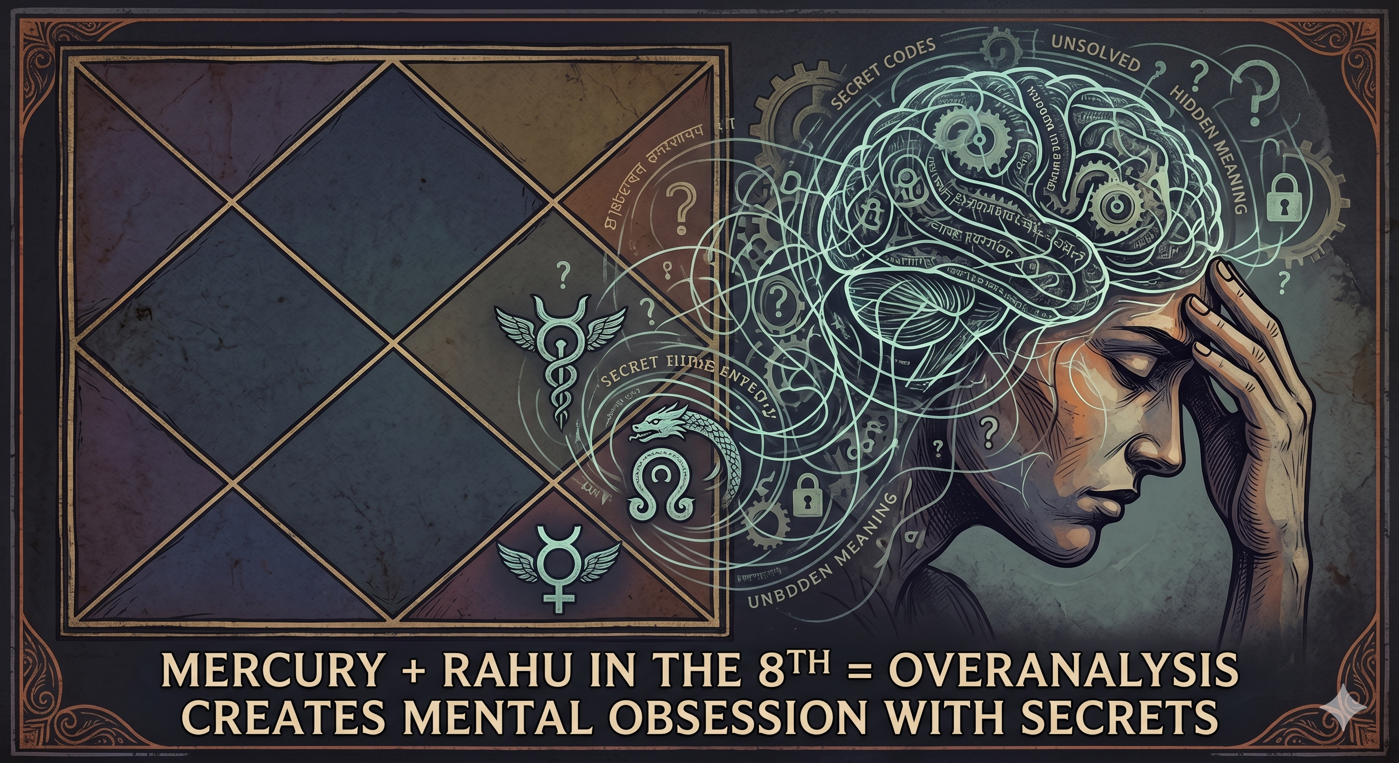Mercury + Rahu in the 8th = Overanalysis creates mental obsession with secrets.