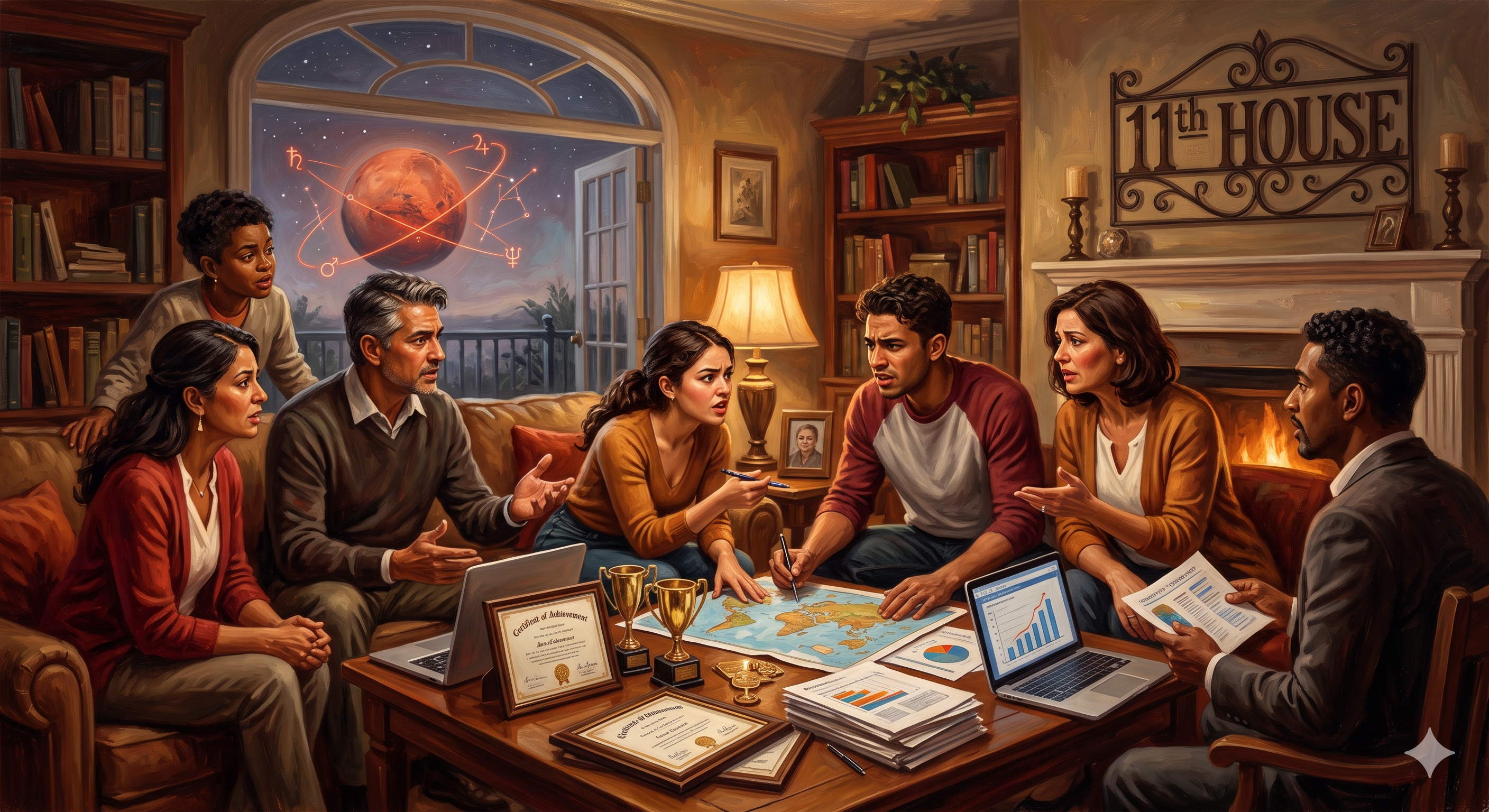 Mars in the 11th = Competition enters family achievements and goals.