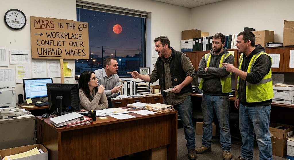 Mars in the 6th → Workplace conflict over unpaid wages.