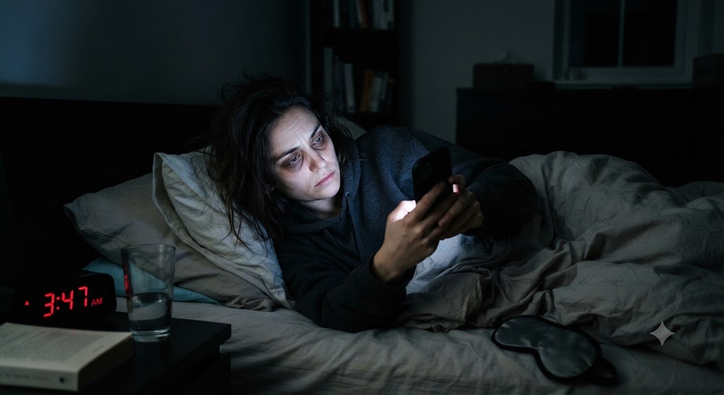 Rahu in the 3rd → Late-night scrolling steals natural sleep rhythms.