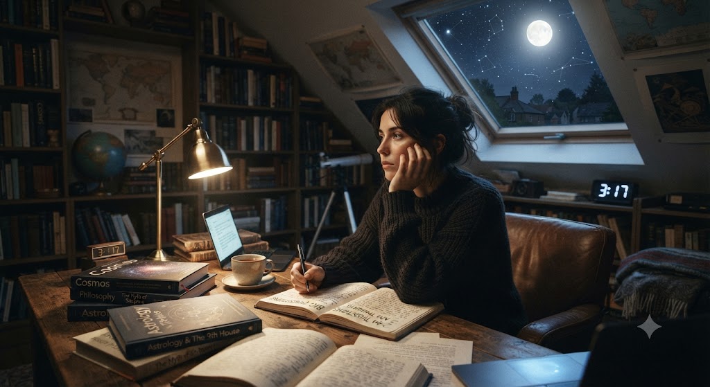 Moon in the 9th → Big questions keep the mind awake at night.