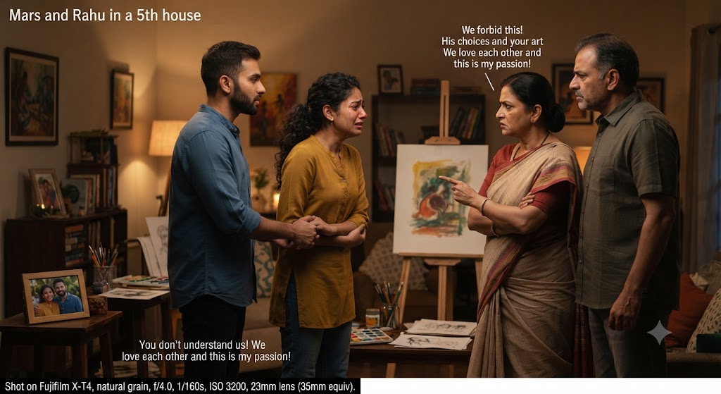 Mars + Rahu in the 5th → Parents may clash with your choices, romance, or creativity.