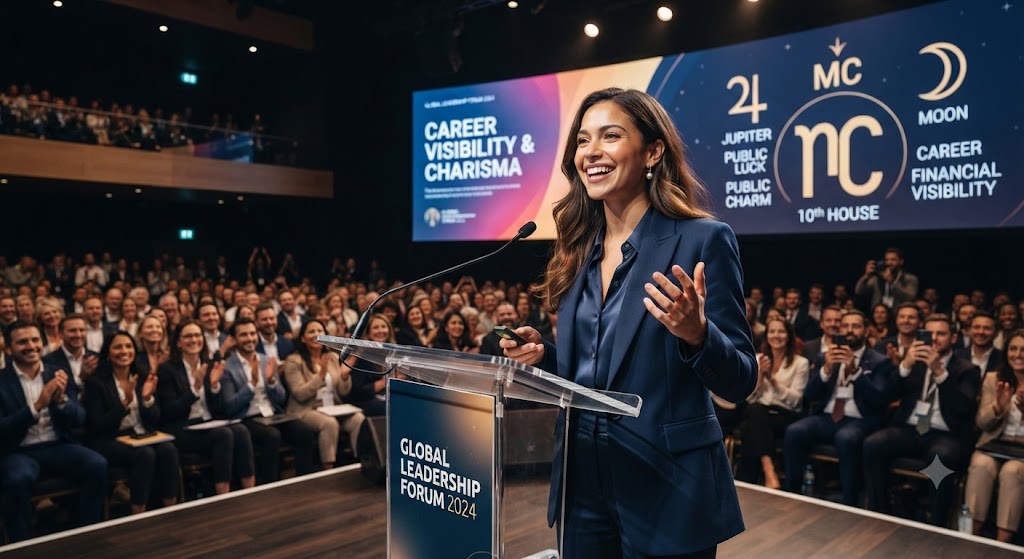 Jupiter + Moon in the 10th → Public charm supports career and financial visibility.
